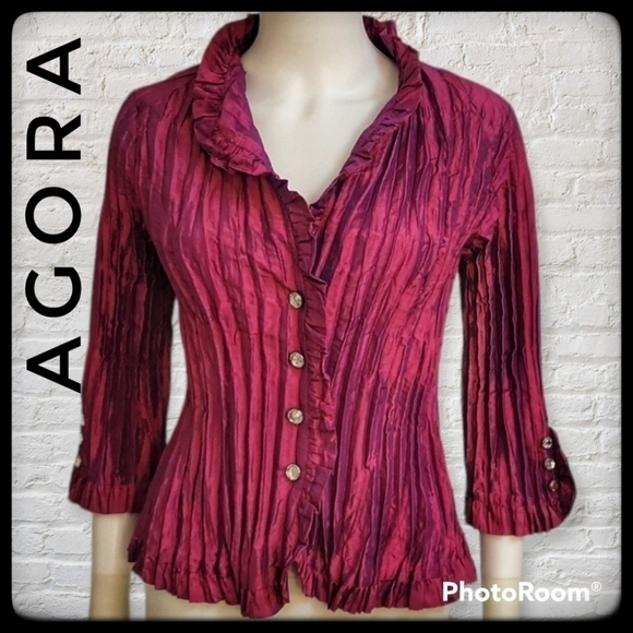 VTG AGORA Fuscia Metallic Crinkle Cropped Button Down Castlecore Shirt - Picture 1 of 9